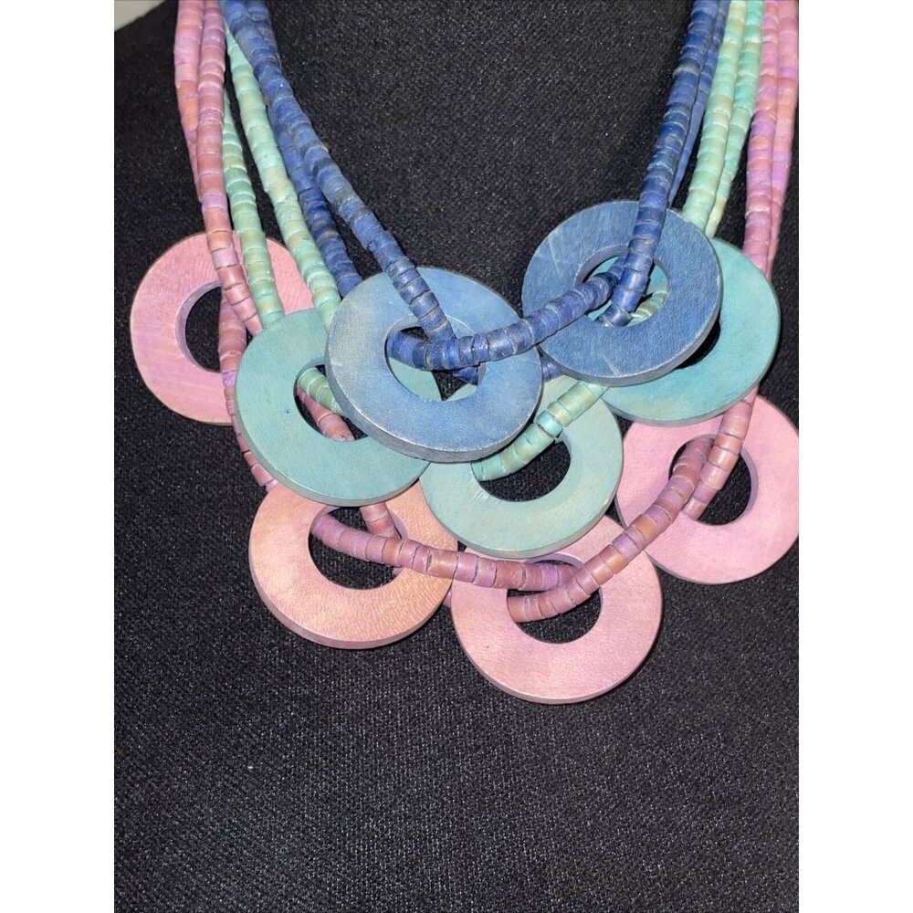 Vintage multi strand multi color purple green & blue wood beaded necklace Circle - Picture 7 of 15
